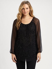 You will certainly sparkle in this chiffon top with a feminine neckline and sequin-adorned front.Drawstring necklineLong sleevesSequin frontCurved hemPull-on styleAbout 30 from shoulder to hemSilkDry cleanImported You will certainly sparkle in this chiffon top with a feminine neckline and sequin-adorned front.Drawstring necklineLong sleevesSequin frontCurved hemPull-on styleAbout 30 from shoulder to hemSilkDry cleanImported