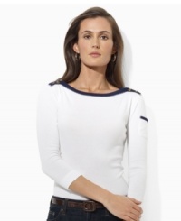Lauren Jeans Co.'s cotton jersey top is infused with nautical inspiration, rendered with a contrasting bateau neckline and chic buttons at the shoulders. Lauren Jeans Co.'s cotton jersey top is infused with nautical inspiration, rendered with a contrasting bateau neckline and chic buttons at the shoulders.