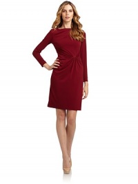 THE LOOKFront draped, ruch gathered detailingLong sleevesBack zip closureTHE FITAbout 37 from shoulder to hemTHE MATERIAL92% polyester/8% spandexFully linedCARE & ORIGINDry cleanMade in USA of imported and domestic fabricsModel shown is 5'10½ (179cm) wearing US size 4. THE LOOKFront draped, ruch gathered detailingLong sleevesBack zip closureTHE FITAbout 37 from shoulder to hemTHE MATERIAL92% polyester/8% spandexFully linedCARE & ORIGINDry cleanMade in USA of imported and domestic fabricsModel shown is 5'10½ (179cm) wearing US size 4.