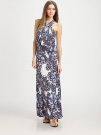 A billowing silhouette with allover rich cool tone print is perfect for warm weather style. High v-neckSleevelessFront pleated bodiceFitted skirtCrossback with ruched strapsAbout 44¾ from natural waist94% venezia/6% spandexDry cleanMade in USAModel shown is 5'9½ (176cm) wearing US size Small. A billowing silhouette with allover rich cool tone print is perfect for warm weather style. High v-neckSleevelessFront pleated bodiceFitted skirtCrossback with ruched strapsAbout 44¾ from natural waist94% venezia/6% spandexDry cleanMade in USAModel shown is 5'9½ (176cm) wearing US size Small.