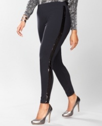 Who knew casual could be so glam? Sequins take the place of traditional tuxedo stripes on INC's plus size leggings. Who knew casual could be so glam? Sequins take the place of traditional tuxedo stripes on INC's plus size leggings.