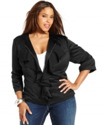 A mixture of feminine charm and edgy style define INC's plus size topper. The soft ruffles contrast beautifully with the structured cut and exposed zipper closure. A mixture of feminine charm and edgy style define INC's plus size topper. The soft ruffles contrast beautifully with the structured cut and exposed zipper closure.