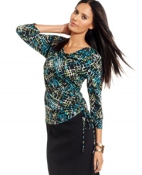Smooth jersey drapes gracefully across the neckline of JM Collection's printed top. The cinchable drawstrings let you customize the look. Smooth jersey drapes gracefully across the neckline of JM Collection's printed top. The cinchable drawstrings let you customize the look.