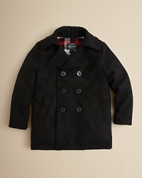A classic winter essential, he'll keep cozy in style with this Woolrich padded pea coat. A classic winter essential, he'll keep cozy in style with this Woolrich padded pea coat.