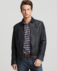 Downtown edge meets designer refinement in this cotton and linen jacket replete with zipper details and sleek stitching accents for a cooler-than-cool uber-hip look. Downtown edge meets designer refinement in this cotton and linen jacket replete with zipper details and sleek stitching accents for a cooler-than-cool uber-hip look.