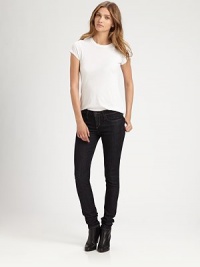 Dark rinse low-rise denim with ultra-fitted skinny-leg. THE FITLow-riseSkinny legRise, about 8Inseam, about 27½THE DETAILSZip flyButton closureFive-pocket styleRise, about 8Inseam, about 3498% cotton/2% spandexMachine washMade in USA of imported fabricModel shown is 5'10 (177cm) wearing US size 4. Dark rinse low-rise denim with ultra-fitted skinny-leg. THE FITLow-riseSkinny legRise, about 8Inseam, about 27½THE DETAILSZip flyButton closureFive-pocket styleRise, about 8Inseam, about 3498% cotton/2% spandexMachine washMade in USA of imported fabricModel shown is 5'10 (177cm) wearing US size 4.