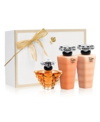 For the holiday, Trésor captures the spirit of eternal love. This collection combines the elegance of rose, muguet and lilac with the sparkle of peach and apricot blossom for an elegant and radiant fragrance. Gift set contains: For the holiday, Trésor captures the spirit of eternal love. This collection combines the elegance of rose, muguet and lilac with the sparkle of peach and apricot blossom for an elegant and radiant fragrance. Gift set contains: