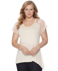 Lace insets lend a romantic elegance to Seven Jeans' short sleeve plus size top, punctuated by a handkerchief hem. Lace insets lend a romantic elegance to Seven Jeans' short sleeve plus size top, punctuated by a handkerchief hem.