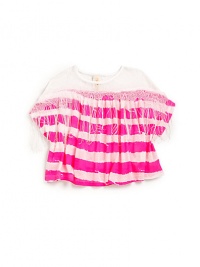 THE LOOKAllover stripe printEmbroidered lace panel with fringe trimPullover styleTHE MATERIALRayonCARE & ORIGINMachine washImported THE LOOKAllover stripe printEmbroidered lace panel with fringe trimPullover styleTHE MATERIALRayonCARE & ORIGINMachine washImported