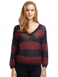 THE LOOKStriped open-knit styleV-neckRibbed neckline, cuffs and hemLong sleevesTHE FITAbout 20 from shoulder to hemTHE MATERIALNylon/cottonCARE & ORIGINDry cleanImportedModel shown is 5'8 (172½cm) wearing US size Small. THE LOOKStriped open-knit styleV-neckRibbed neckline, cuffs and hemLong sleevesTHE FITAbout 20 from shoulder to hemTHE MATERIALNylon/cottonCARE & ORIGINDry cleanImportedModel shown is 5'8 (172½cm) wearing US size Small.