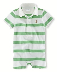 Soft cotton jersey coverall with a sporty rugby collar and bright stripe for an adorably preppy look. Soft cotton jersey coverall with a sporty rugby collar and bright stripe for an adorably preppy look.