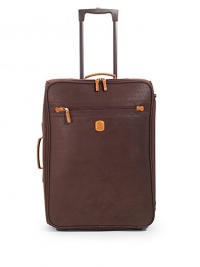 THE LOOKTwo-wheel trolleyLeather side and top handlesRetractable locking handleRemovable luggage tagOne outside zip compartmentZip-around closureOne inside zip compartmentTwo plastic bottom feetFour protective side feetOne inside zip pocketTHE MEASUREMENTSide and top handles, 1 dropLocking handle, 17 drop17W X 24H X 9DTHE MATERIALPVCLeather trimFully linedORIGINImported THE LOOKTwo-wheel trolleyLeather side and top handlesRetractable locking handleRemovable luggage tagOne outside zip compartmentZip-around closureOne inside zip compartmentTwo plastic bottom feetFour protective side feetOne inside zip pocketTHE MEASUREMENTSide and top handles, 1 dropLocking handle, 17 drop17W X 24H X 9DTHE MATERIALPVCLeather trimFully linedORIGINImported