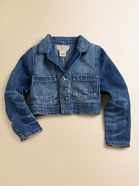 This stylish denim jacket is rendered in a slightly faded and frayed wash for a cool, timeworn look.Point collar with notched lapelLong sleeves with single button cuffsButton frontFront patch pocket65% cotton/35% elastaneMachine washImported Please note: number of buttons may vary depending on size ordered. This stylish denim jacket is rendered in a slightly faded and frayed wash for a cool, timeworn look.Point collar with notched lapelLong sleeves with single button cuffsButton frontFront patch pocket65% cotton/35% elastaneMachine washImported Please note: number of buttons may vary depending on size ordered.