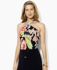 Lauren by Ralph Lauren's sexy, modern halter top is crafted from slinky knit jersey in a vibrant tropical print and finished with a keyhole neckline for elevated glamour.