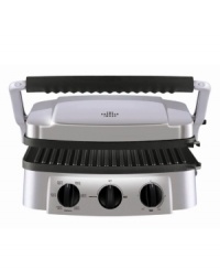 A countertop chef that never backs down from any meal-in-the-making. The ideal indoor grill, this versatile 4-in-1 press takes on meats, waffles, paninis and more with a hinged griddle cover, six temperature controls and 5 interchangeable jumbo nonstick grill plates. Model 8147. 1-year limited warranty.