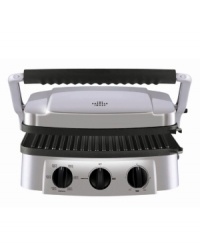 A countertop chef that never backs down from any meal-in-the-making. The ideal indoor grill, this versatile 4-in-1 press takes on meats, waffles, paninis and more with a hinged griddle cover, six temperature controls and 5 interchangeable jumbo nonstick grill plates. Model 8147. 1-year limited warranty. A countertop chef that never backs down from any meal-in-the-making. The ideal indoor grill, this versatile 4-in-1 press takes on meats, waffles, paninis and more with a hinged griddle cover, six temperature controls and 5 interchangeable jumbo nonstick grill plates. Model 8147. 1-year limited warranty.