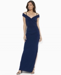 Lauren Ralph Lauren's gently ruched dress in sleek matte jersey epitomizes evening elegance with draped sleeves and beaded shoulder straps. Lauren Ralph Lauren's gently ruched dress in sleek matte jersey epitomizes evening elegance with draped sleeves and beaded shoulder straps.