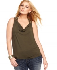 Spice up tank collection with MICHAEL Michael Kors' sleeveless plus size top, finished by a draped neckline and embellished straps. Spice up tank collection with MICHAEL Michael Kors' sleeveless plus size top, finished by a draped neckline and embellished straps.