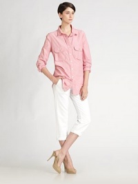 A classic look, still relaxed but cut a little slimmer for a flattering fit. Button front Flapover chest patch pockets Cuffed sleeves About 27 from shoulder to hem Cotton; machine wash Imported A classic look, still relaxed but cut a little slimmer for a flattering fit. Button front Flapover chest patch pockets Cuffed sleeves About 27 from shoulder to hem Cotton; machine wash Imported