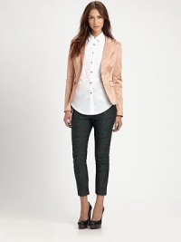 Soft and structured, this masterfully tailored blazer will transition smoothly from work hours to after hours. Notched lapelsSingle button closureLong sleeves with buttoned cuffsFront flap pocketsFully linedAbout 23 from shoulder to hemViscose/cotton/elastaneDry cleanImportedModel shown is 5'9½ (176cm) wearing US size 4.This style runs true to size. We recommend ordering your usual size for a standard fit. Soft and structured, this masterfully tailored blazer will transition smoothly from work hours to after hours. Notched lapelsSingle button closureLong sleeves with buttoned cuffsFront flap pocketsFully linedAbout 23 from shoulder to hemViscose/cotton/elastaneDry cleanImportedModel shown is 5'9½ (176cm) wearing US size 4.This style runs true to size. We recommend ordering your usual size for a standard fit.