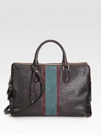 Supple pebbled leather with a dual tone suede stripe and versatile detachable strap.Double top handles, 4½ dropDetachable shoulder strap, 17½ dropTop zip closureProtective metal feetThree inner zip compartmentsTwo inside open pocketsLeather lining15W X 9½H X 6DMade in Italy Supple pebbled leather with a dual tone suede stripe and versatile detachable strap.Double top handles, 4½ dropDetachable shoulder strap, 17½ dropTop zip closureProtective metal feetThree inner zip compartmentsTwo inside open pocketsLeather lining15W X 9½H X 6DMade in Italy