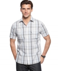 Shake up your weekend wardrobe from the usual tees with this short-sleeved plaid shirt from Alfani RED. Shake up your weekend wardrobe from the usual tees with this short-sleeved plaid shirt from Alfani RED.
