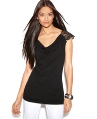 Sheer lace shoulders distinguishes INC's petite cowlneck top from the rest! Try it for an evening out with jeans and your favorite heels. Sheer lace shoulders distinguishes INC's petite cowlneck top from the rest! Try it for an evening out with jeans and your favorite heels.