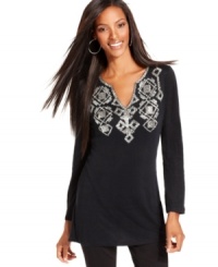 Sparkling details give INC's tunic a sophisticated look! Try it with classic black capris for an elegant anytime look! Sparkling details give INC's tunic a sophisticated look! Try it with classic black capris for an elegant anytime look!