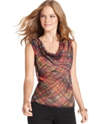 NY Collection's cowlneck top adds a colorful layer to your suit separates with a tweed-inspired print. NY Collection's cowlneck top adds a colorful layer to your suit separates with a tweed-inspired print.