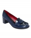 Generally speaking, this is one cute shoe. Tommy Hilfiger's Gigi loafer flats are made of shiny leather and feature a significant, but walkable stacked heel.