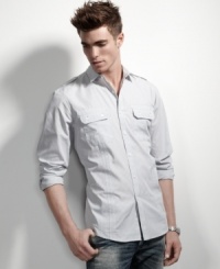 Modern utility styling mingles with a clean-cut classic on this shirt from INC International Concepts. Modern utility styling mingles with a clean-cut classic on this shirt from INC International Concepts.