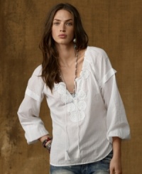 Denim & Supply Ralph Lauren's ethereal poet top is tailored with a softly gathered neckline and billowy sleeves and finished with a modern layer of luxe lace for a soft bohemian effect. Denim & Supply Ralph Lauren's ethereal poet top is tailored with a softly gathered neckline and billowy sleeves and finished with a modern layer of luxe lace for a soft bohemian effect.