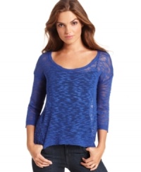 A sheer slub knit adds on-trend texture to this Kensie top -- perfect for a cold-weather layered look! A sheer slub knit adds on-trend texture to this Kensie top -- perfect for a cold-weather layered look!