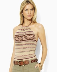 The sleek Sirio halter top is rendered in a knit blend of linen and cotton, and given a heritage twist with a braided neckline. The sleek Sirio halter top is rendered in a knit blend of linen and cotton, and given a heritage twist with a braided neckline.