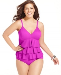 Feminine ruffles cascade down this fabulous tankini top. This set comes with matching brief bottoms-perfect for a day in the sun! Feminine ruffles cascade down this fabulous tankini top. This set comes with matching brief bottoms-perfect for a day in the sun!