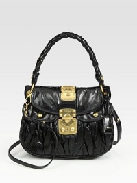 Ruched calfskin design with a braided handle and polished goldtone hardware.Double top handles, 4½ dropDetachable shoulder strap, 23 dropFlap-and-clasp coffer closureMetal letter logo detailTwo outside open pocketsOne inside zip pocketOne inside open pocketCotton/satin lining13W X 8H X 3¾DMade in Italy Ruched calfskin design with a braided handle and polished goldtone hardware.Double top handles, 4½ dropDetachable shoulder strap, 23 dropFlap-and-clasp coffer closureMetal letter logo detailTwo outside open pocketsOne inside zip pocketOne inside open pocketCotton/satin lining13W X 8H X 3¾DMade in Italy