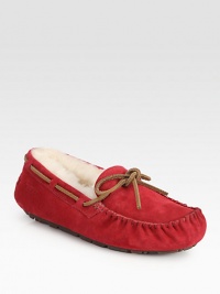 Moccasin-inspired suede style with leather trim and shearling lining for ultimate comfort. Suede upper Shearling lining Rubber sole Padded insole ImportedOUR FIT MODEL RECOMMENDS ordering true whole size; ½ sizes should order the next whole size up. Moccasin-inspired suede style with leather trim and shearling lining for ultimate comfort. Suede upper Shearling lining Rubber sole Padded insole ImportedOUR FIT MODEL RECOMMENDS ordering true whole size; ½ sizes should order the next whole size up.