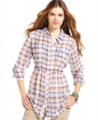 A feminine take on the plaid shirt, this a-line tunic from American Rag totally charms. Wear it with leggings for a look that's cute and relaxed. A feminine take on the plaid shirt, this a-line tunic from American Rag totally charms. Wear it with leggings for a look that's cute and relaxed.