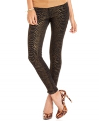 Elevated by day or festive by night! Thanks to a glittery metallic zebra print, Baby Phat's five-pocket skinny jeans are guaranteed to give you a high-style day. Elevated by day or festive by night! Thanks to a glittery metallic zebra print, Baby Phat's five-pocket skinny jeans are guaranteed to give you a high-style day.