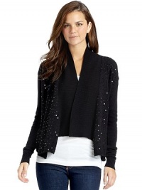 THE LOOKOpen frontSequins accents at front bodiceRibbed collar and cuffsCrisscross back for added drapeTriangle cutout backTHE FITAbout 24 from shoulder to hemTHE MATERIAL35% cotton/27% viscose/26% nylon/7% angora/5% cashmereCARE & ORIGINDry cleanImportedModel shown is 5'10 (177cm) wearing US size Small. THE LOOKOpen frontSequins accents at front bodiceRibbed collar and cuffsCrisscross back for added drapeTriangle cutout backTHE FITAbout 24 from shoulder to hemTHE MATERIAL35% cotton/27% viscose/26% nylon/7% angora/5% cashmereCARE & ORIGINDry cleanImportedModel shown is 5'10 (177cm) wearing US size Small.