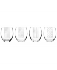 Create the right atmosphere for entertaining with Social Ave wine glasses. Four geometric designs adorn clear glass that complements the Luigi Bormioli decanter. Create the right atmosphere for entertaining with Social Ave wine glasses. Four geometric designs adorn clear glass that complements the Luigi Bormioli decanter.