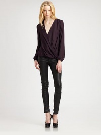 Crossover v-neck of pure silk has long bishop sleeves and inimitable asymmetrical draping. Crossover v-neckHook-and-eye closureLong bishop sleevesButtoned cuffsCropped back hemAbout 25 from shoulder to hem70% viscose/30% cottonDry cleanImportedModel shown is 5'11 (178cm) wearing US size Small. Crossover v-neck of pure silk has long bishop sleeves and inimitable asymmetrical draping. Crossover v-neckHook-and-eye closureLong bishop sleevesButtoned cuffsCropped back hemAbout 25 from shoulder to hem70% viscose/30% cottonDry cleanImportedModel shown is 5'11 (178cm) wearing US size Small.