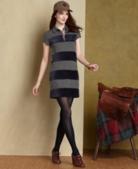 Sporty chic: Inspired by a rugby shirt, Tommy Hilfiger's striped shirtdress channels heritage chic with a polo collar and luscious velvet stripes. Sporty chic: Inspired by a rugby shirt, Tommy Hilfiger's striped shirtdress channels heritage chic with a polo collar and luscious velvet stripes.
