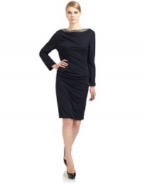 THE LOOKBead-embellished necklineSubtle asymmetrical draping and seamingLong sleeves with curved cuffs and button closureSide zip closureTHE FITAbout 38½ from shoulder to hemTHE MATERIAL82% viscose/18% nylonFully linedCARE & ORIGINDry cleanMade in ItalyModel shown is 5'10½ (179cm) wearing US size 4. THE LOOKBead-embellished necklineSubtle asymmetrical draping and seamingLong sleeves with curved cuffs and button closureSide zip closureTHE FITAbout 38½ from shoulder to hemTHE MATERIAL82% viscose/18% nylonFully linedCARE & ORIGINDry cleanMade in ItalyModel shown is 5'10½ (179cm) wearing US size 4.