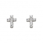 .925 Sterling Silver Rhodium Plated Cross CZ Stud Earrings with Screw-back for Children & Women