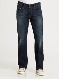 A deep rinse is accented by contrast stitching in a classic bootcut silhouette for a sharp appeal.Five-pocket styleZip flyStitched back pocketsInseam, about 3298% cotton/2% elastaneMachine washMade in USA A deep rinse is accented by contrast stitching in a classic bootcut silhouette for a sharp appeal.Five-pocket styleZip flyStitched back pocketsInseam, about 3298% cotton/2% elastaneMachine washMade in USA