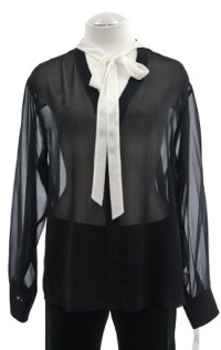 DKNY Black Silk Button Front V-Neck Blouse With Contrast Tie Medium DKNY Black Silk Button Front V-Neck Blouse With Contrast Tie Medium