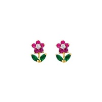 14K Yellow Gold Red and Green Flower CZ Stud Earrings with Screw-back for Children 14K Yellow Gold Red and Green Flower CZ Stud Earrings with Screw-back for Children