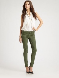 Work the trend in ultra-stretchy skinnies with five-pocket styling and a flattering medium rise. THE FITSkinny fitMedium rise, about 8Inseam, about 29THE DETAILSButton closureZip flyFive-pocket style98% cotton/2% LycraMachine washMade in USA of imported fabricModel shown is 5'10 (177cm) wearing US size 2. Work the trend in ultra-stretchy skinnies with five-pocket styling and a flattering medium rise. THE FITSkinny fitMedium rise, about 8Inseam, about 29THE DETAILSButton closureZip flyFive-pocket style98% cotton/2% LycraMachine washMade in USA of imported fabricModel shown is 5'10 (177cm) wearing US size 2.