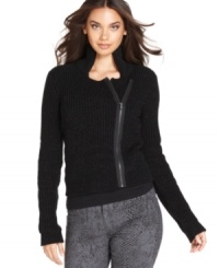 Biker style gets girly in DKNY Jeans' soft moto-inspired sweater. Biker style gets girly in DKNY Jeans' soft moto-inspired sweater.